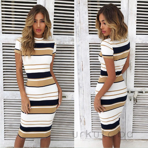 Women Elegant Striped Dress Sexy Sheath Beach Dress Slim O-Neck Short Sleeve Party Dresses Summer  Plus Size Red Yellow