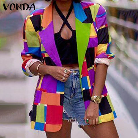 Women Elegant Suit Blazer VONDA 2022 Vintage Color Patchwork Coats Ladies Office Formal Coats Outerwear Veste Femme Outerwears