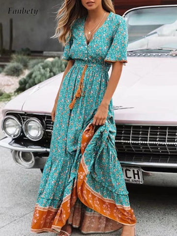 Women Elegant V-Neck Button Design Long Dress Floral Printing Summer Beach Party Dresses Casual Short Sleeve Maxi Dress