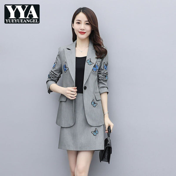 Women Embroidery Blazer Set Spring Autumn Elegant Office Lady Single Button Suit Jacket Short Wrap Skirts 2 Piece Set