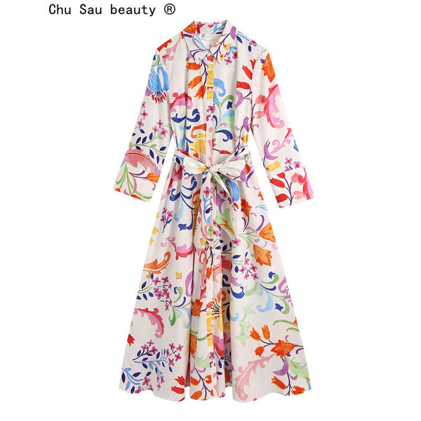 Women Fall 2022 Vintage Chic Slim Three-quarter Sleeve Printed Midi Shirt Dress Vestidos Mujer