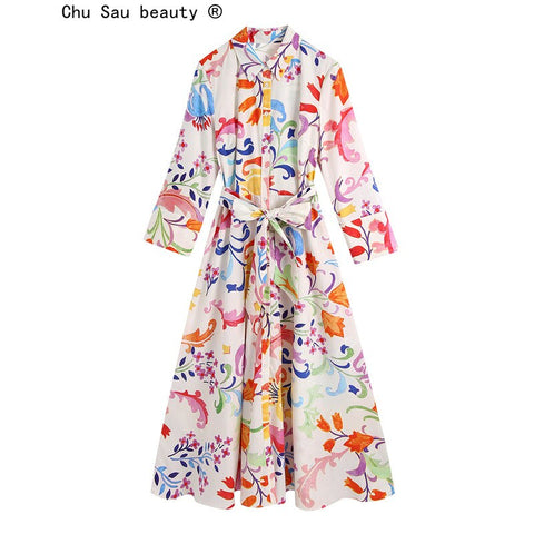 Women Fall 2022 Vintage Chic Slim Three-quarter Sleeve Printed Midi Shirt Dress Vestidos Mujer