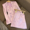 Women Fall Spring Double Breasted Faux Silk Suits Coat OL Satin Blazer Jacket Glossy Cardigan + A-Line Short Skirt Two Piece Set