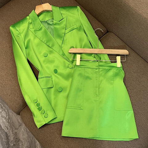 Women Fall Spring Double Breasted Faux Silk Suits Coat OL Satin Blazer Jacket Glossy Cardigan + A-Line Short Skirt Two Piece Set