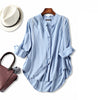 Women Fall blouse 50%Cotton 50%Linen 3/4 sleeved White blouses Office lady shirt 2022 Fall Winter Light Blue