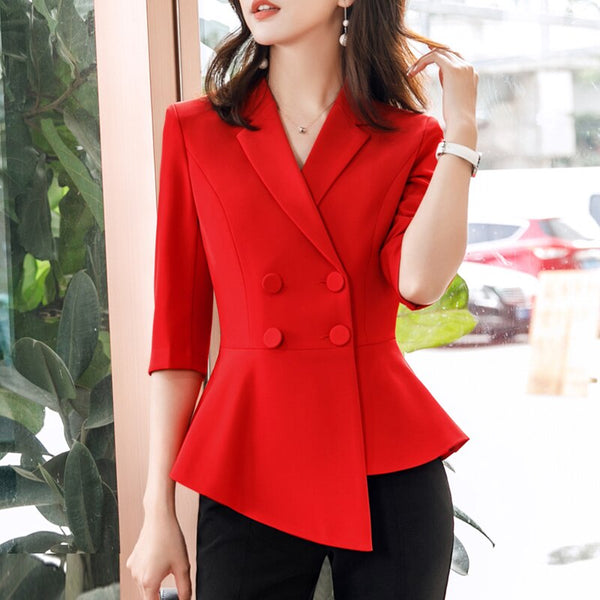 Women Casual Office Lady Wear Double Breasted Small Blazer Coat Half Sleeve Summer Female Outerwear Chic Tops