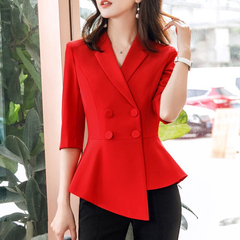 Women Casual Office Lady Wear Double Breasted Small Blazer Coat Half Sleeve Summer Female Outerwear Chic Tops