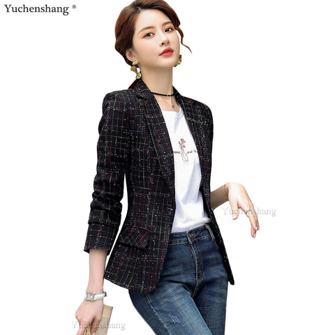 Women Casual Single Button Blazers Coat Vintage Slim Long Sleeve Female Outerwear S-4XL Chic Black Apricot Plaid Tops