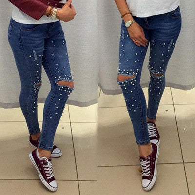 Women Fashion Destroyed Hole Ripped Blue Jeans Pearled Slim Denim Pants Boyfriend Jeans 2022 New Ladies Daily Casual Trousers