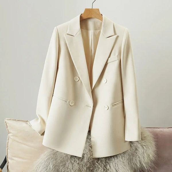 Women Double Breasted Loose Fitting Blazer Coat Vintage Long Sleeve Pockets Female Outerwear Woman Suit collar Jacket