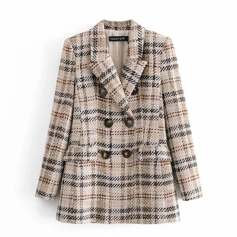 Women Double Breasted Tweed Check Blazers Coat Vintage Long Sleeve Female Outerwear And High Waist Short Skirt