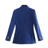 Women Double Breasted Tweed Check Blazers Pu Stitching At Neck Vintage Long Sleeve Female Temperament OL Outerwear