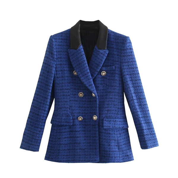 Women Double Breasted Tweed Check Blazers Pu Stitching At Neck Vintage Long Sleeve Female Temperament OL Outerwear