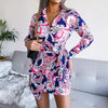 Women Dress Lapel Long Sleeve High Waist Floral Printing Patchwork Slim Pullover Spring Summer Casual Dress For Ladies
