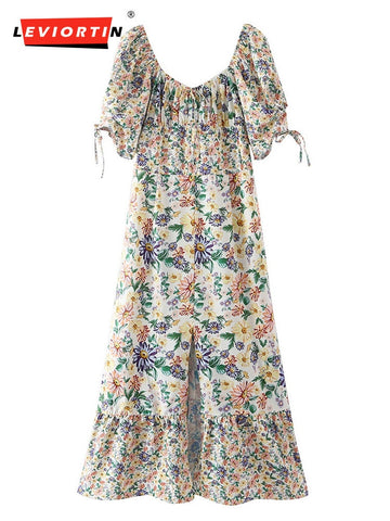 Women Floral Print Front Slit Midi Dress Vintage Short Sleeve With Tied Female Dresses Vestidos Mujer