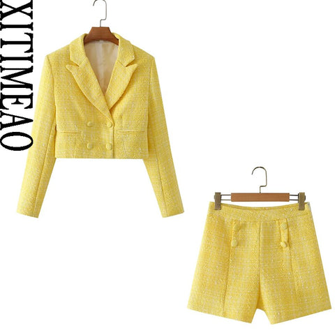 Women Front Button Tweed Cropped Blazer Coat Vintage Long Sleeve Female Outerwear And High Waist Shorts Chic Sets