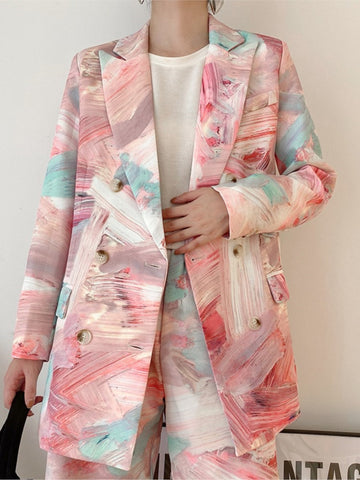 Women Graffiti Print Double Breasted Blazers Vintage Lapel Long Sleeve OL Pink Jackets Female Outerwear Autumn 2023