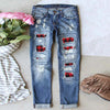Women Jeans Mid Waist Zipper Long Jeans Denim Pants Ripped Hole Plaid Patch Patchwork Straight Trousers 2022
