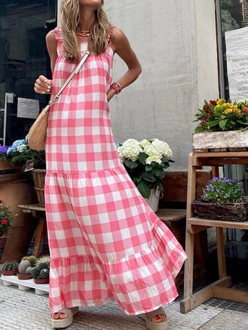 Women Loose Beach Sling Long Dress Ladies Sexy Square Neck Sleeveless Pink Maxi Dress Summer Vintage Plaid Party Dresses