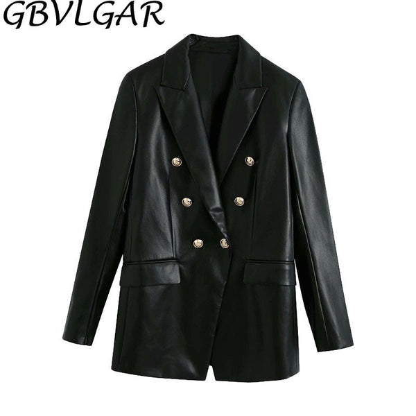 Women Notched Double Breasted PU Leather Blazers Coat Casual Straight Long Sleeve Back Vents Female Outerwear Chic Tops