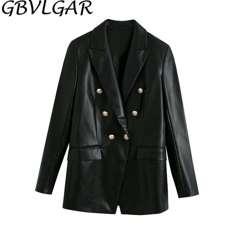 Women Notched Double Breasted PU Leather Blazers Coat Casual Straight Long Sleeve Back Vents Female Outerwear Chic Tops