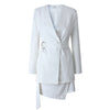 Women Office Wear Belt White Black Slim Blazer Coat Vintage Long Sleeve Suit And Irregular Mini Skirt Suits 2 Pieces Set