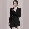 Women Office Wear Belt White Black Slim Blazer Coat Vintage Long Sleeve Suit And Irregular Mini Skirt Suits 2 Pieces Set