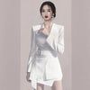 Women Office Wear Belt White Black Slim Blazer Coat Vintage Long Sleeve Suit And Irregular Mini Skirt Suits 2 Pieces Set
