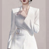Women Office Wear Belt White Black Slim Blazer Coat Vintage Long Sleeve Suit And Irregular Mini Skirt Suits 2 Pieces Set