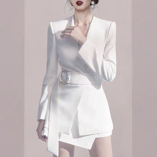 Women Office Wear Belt White Black Slim Blazer Coat Vintage Long Sleeve Suit And Irregular Mini Skirt Suits 2 Pieces Set