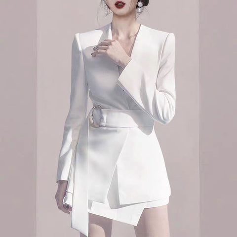 Women Office Wear Belt White Black Slim Blazer Coat Vintage Long Sleeve Suit And Irregular Mini Skirt Suits 2 Pieces Set