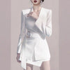 Women Office Wear Belt White Black Slim Blazer Coat Vintage Long Sleeve Suit And Irregular Mini Skirt Suits 2 Pieces Set