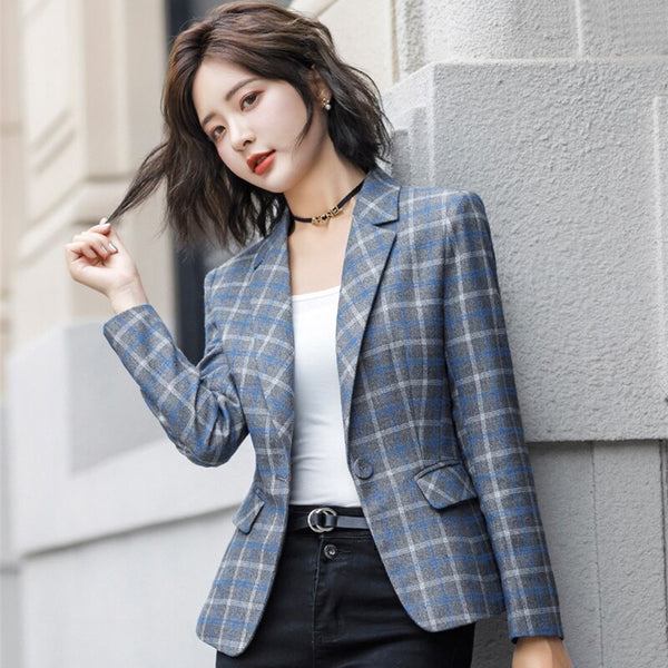 Women Office Wear Check Blazers Coat Spring Jackets One Buttle Vintage Long Sleeve Pockets Female Outerwear Chic Tops