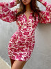 Women  Party Floral Printing Mini Dress High Waist V Neck Lantern Long Sleeve Bodycon Dresses Beach Vacation Summer