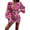 Women  Party Floral Printing Mini Dress High Waist V Neck Lantern Long Sleeve Bodycon Dresses Beach Vacation Summer