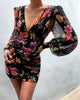 Women  Party Floral Printing Mini Dress High Waist V Neck Lantern Long Sleeve Bodycon Dresses Beach Vacation Summer