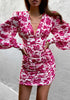 Women  Party Floral Printing Mini Dress High Waist V Neck Lantern Long Sleeve Bodycon Dresses Beach Vacation Summer