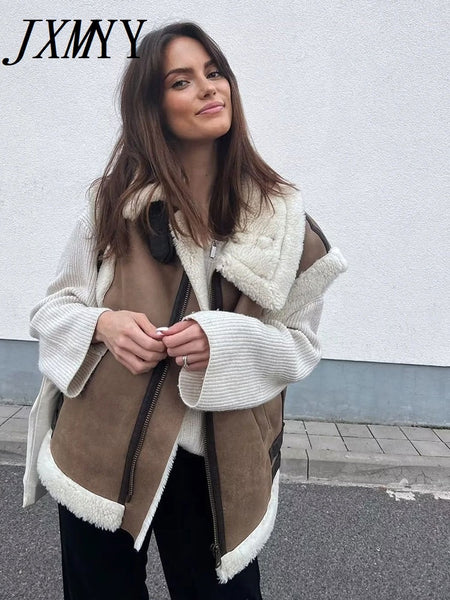 Women Patchwork Sleeveless Vest Waistcoat Loose Thicken Lapel Jacket Coat 2023 Autumn Chic Tops Commuter Outwear Street