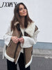 Women Patchwork Sleeveless Vest Waistcoat Loose Thicken Lapel Jacket Coat 2023 Autumn Chic Tops Commuter Outwear Street