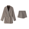 Women Plaid Skirt Suits Double Breasted Jacket Blazer & High Waist Mini Skirt Casual Female 2 Pieces Set