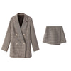 Women Plaid Skirt Suits Double Breasted Jacket Blazer & High Waist Mini Skirt Casual Female 2 Pieces Set
