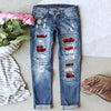 Women Ripped Hole Plaid Patch Patchwork Long Jeans Denim Pants Trousers