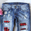 Women Ripped Hole Plaid Patch Patchwork Long Jeans Denim Pants Trousers