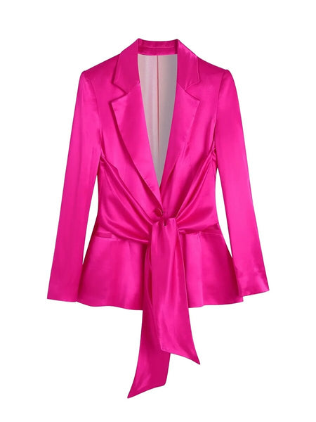 Women Rose Red Bow Tied Satin Blazer Coat 2023 Full Sleeves Pleated Notched Casual Female Outerwear