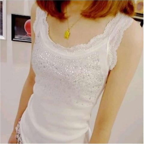 Women Fashion Sexy Rhinestone Lace Stunning Based Sleeveless Vest Tank Top Tee TShirt Black White Gray Camisole Cami Shirt Slim