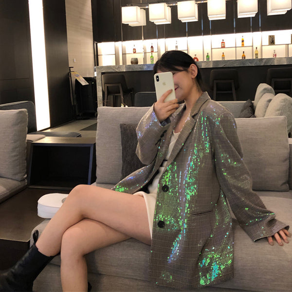 Women Shining Sequin Plaid Blazers Lapel Long Sleeves Lady Outwear Spring Autumn Casual Loose Single Breasted Big Pocket