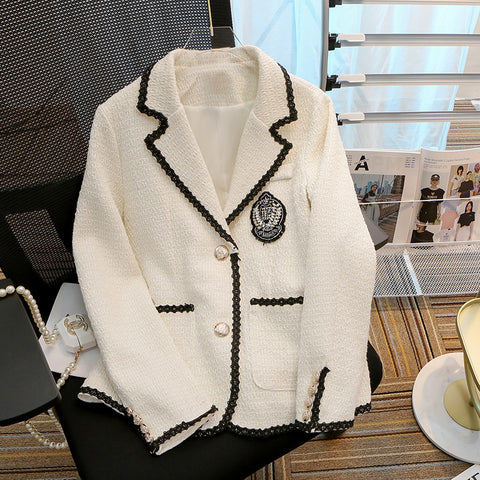 Women Single Breasted Loose Weave Blazer Coat Vintage Long Sleeve Badge Female Small Fragrance Outerwear Chic Tops M-4XL