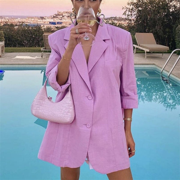 Women Single Button Thin Blazer Coat Vintage Long Sleeve Pockets Female Outerwear Chic Girls Casual Blouse