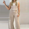 Women Sleeveless Plain Crop Top Sexy High Waist Skinny Bodycon Long Trousers Two Pieces Suit Flare Pants Set With Belt
