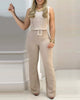 Women Sleeveless Plain Crop Top Sexy High Waist Skinny Bodycon Long Trousers Two Pieces Suit Flare Pants Set With Belt